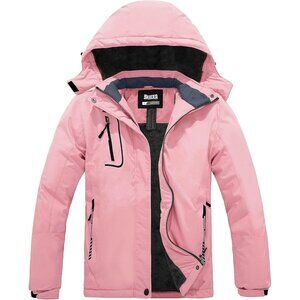 Women's Waterproof Snowboard Fleece Ski Hooded Jacket Pale Pink Winter Warm Coat